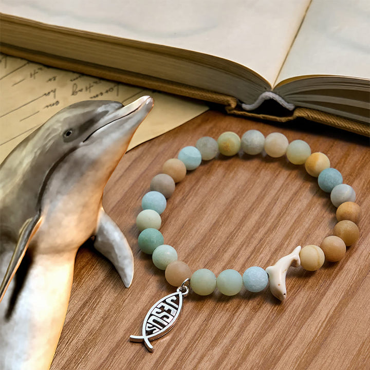 Christianartworkshop Ocean Grace Bracciale con ciondolo a forma di delfino e malachite naturale e ichthys - Verde chiaro - image 0