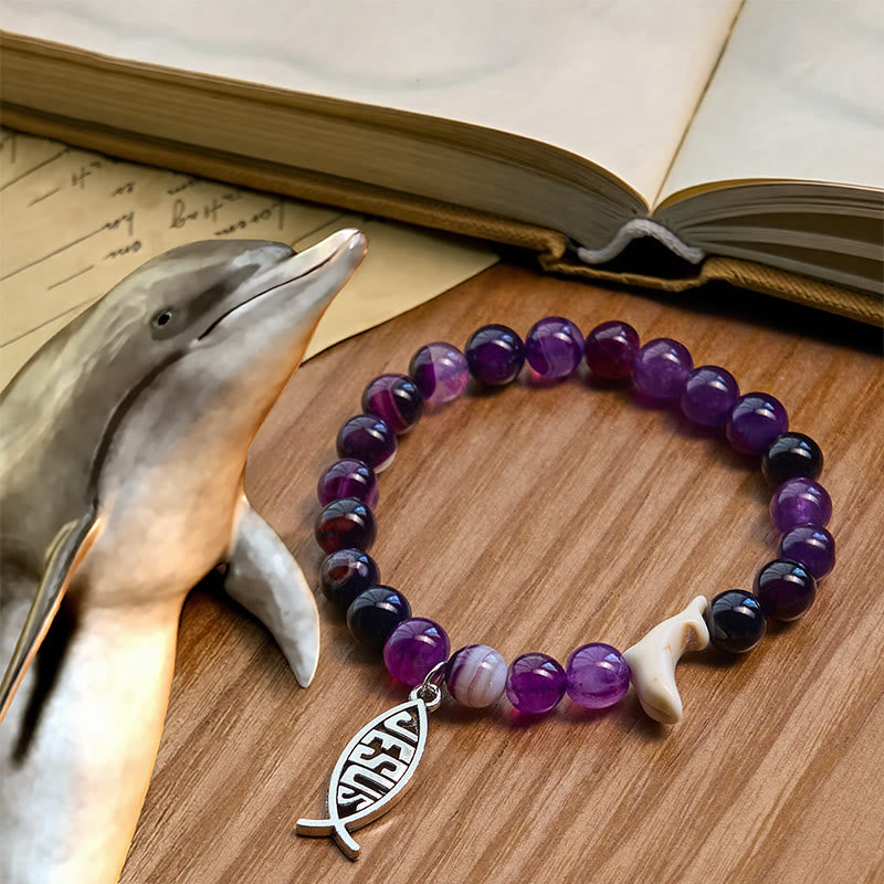 Christianartworkshop Ocean Grace Bracciale con ciondolo a forma di delfino e malachite naturale e ichthys - Viola - image 14
