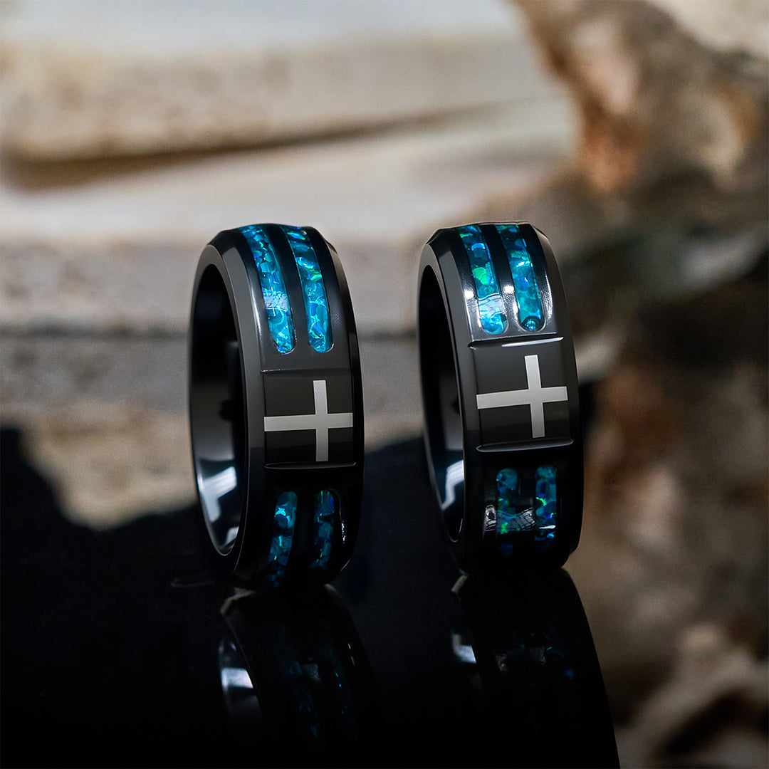 Christianartworkshop Anello moderno in acciaio al titanio con croce e intarsio blu laser: serenità nella luce blu di Cristo - image 4