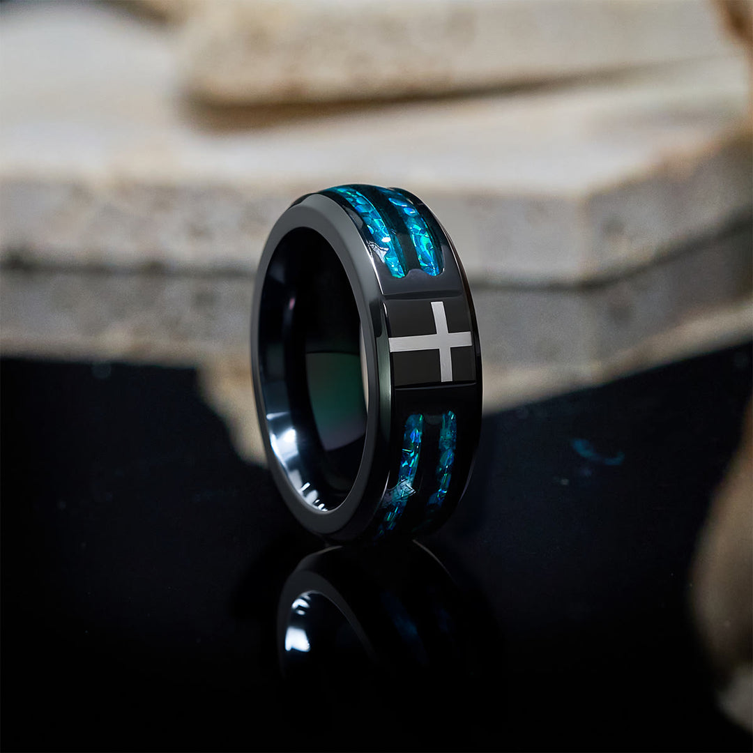 Christianartworkshop Anello moderno in acciaio al titanio con croce e intarsio blu laser: serenità nella luce blu di Cristo - image 2