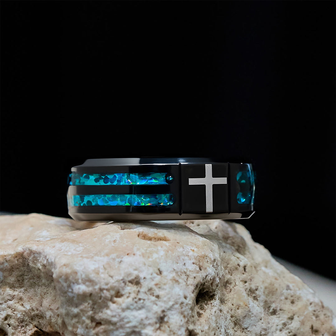 Christianartworkshop Anello moderno in acciaio al titanio con croce e intarsio blu laser: serenità nella luce blu di Cristo - image 1