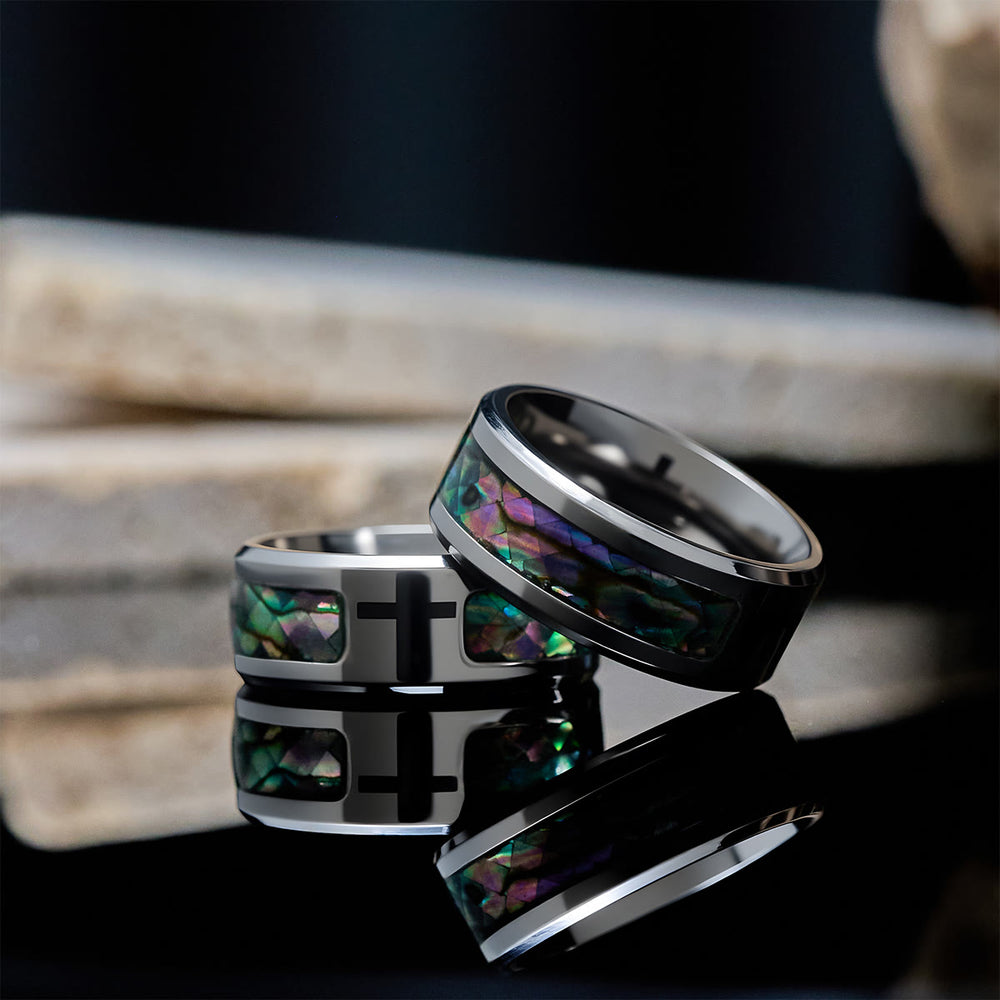 Christianartworkshop Anello minimalista in titanio con croce della fede e intarsio di colori scintillanti in vetro colorato - image 1
