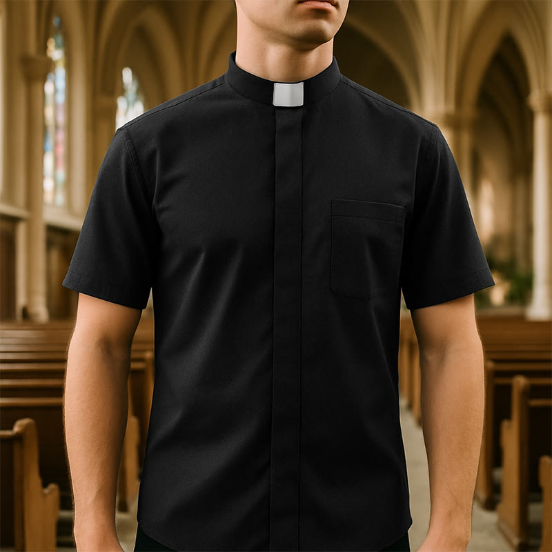 Christianartworkshop Camicia da clero moderna unisex con colletto a linguetta bianca: elegante abbigliamento religioso nero - manica corta - 5XL - image 0