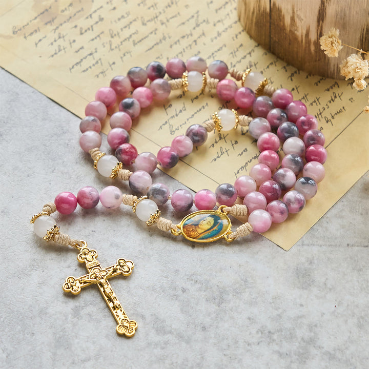 Christianartworkshop Elegante rosario persiano con perle di giada rosa e nera con benedizione della Madonna - image 5