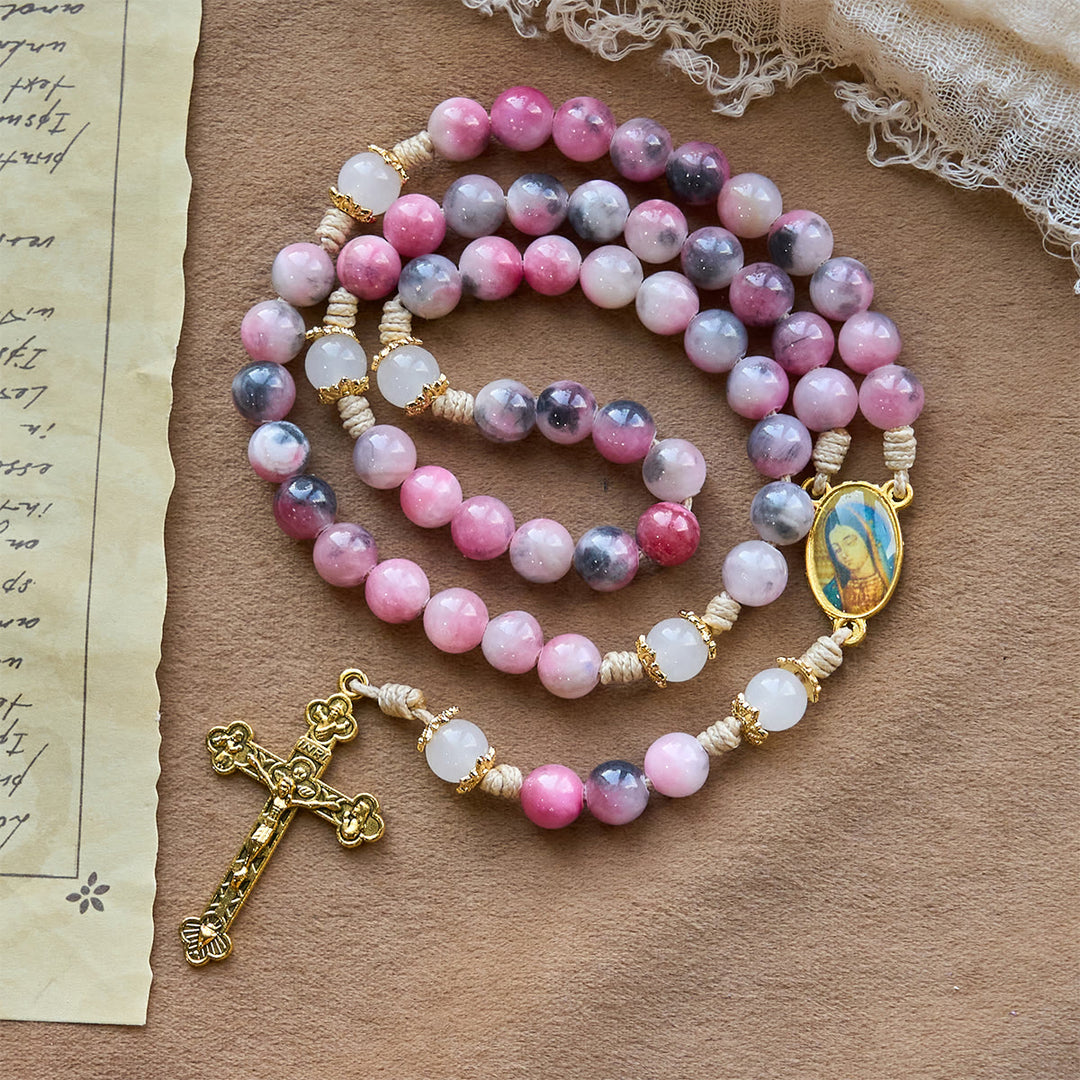 Christianartworkshop Elegante rosario persiano con perle di giada rosa e nera con benedizione della Madonna - Rosa persiano - image 0