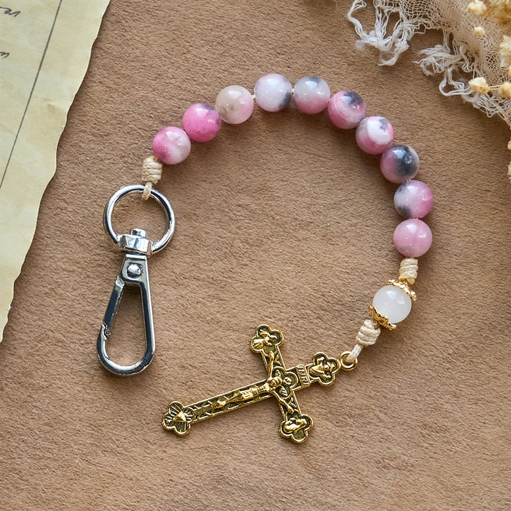 Christianartworkshop Portachiavi con rosario portatile in perle di giada rosa persiana e crocifisso in bronzo - Portachiavi Rosario - image 0