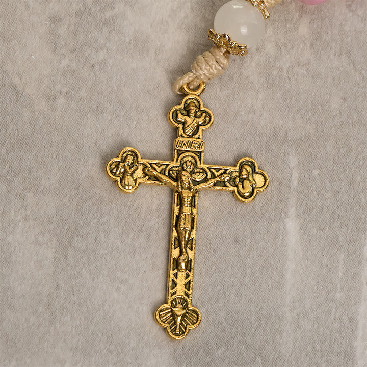 Christianartworkshop Portachiavi con rosario portatile in perle di giada rosa persiana e crocifisso in bronzo - image 4