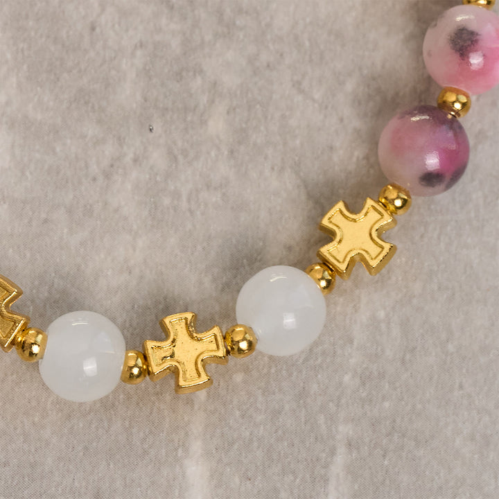 Christianartworkshop Grazioso braccialetto di perle di giada persiana rosa e nera da 8 mm con croce antica - image 5