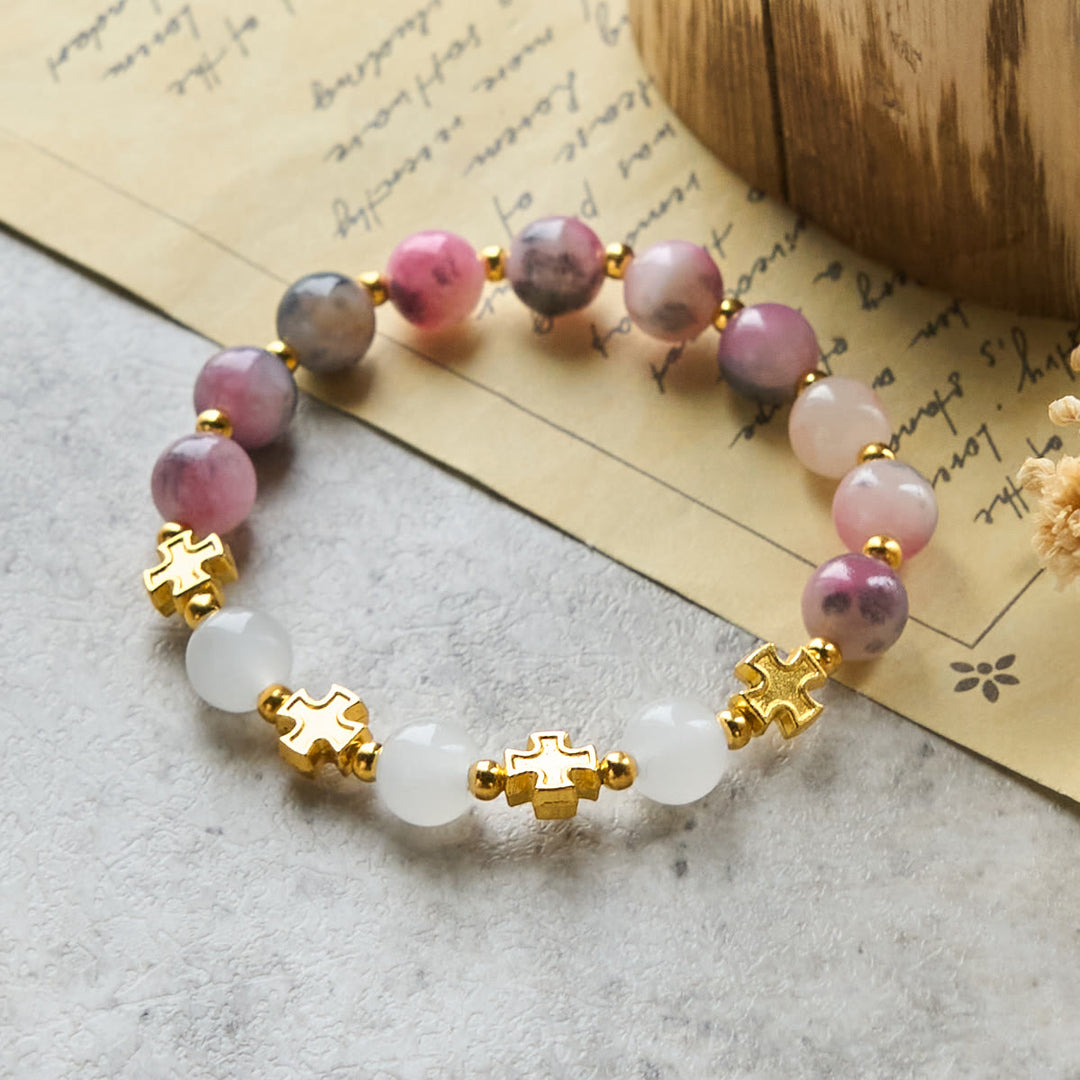 Christianartworkshop Grazioso braccialetto di perle di giada persiana rosa e nera da 8 mm con croce antica - image 2