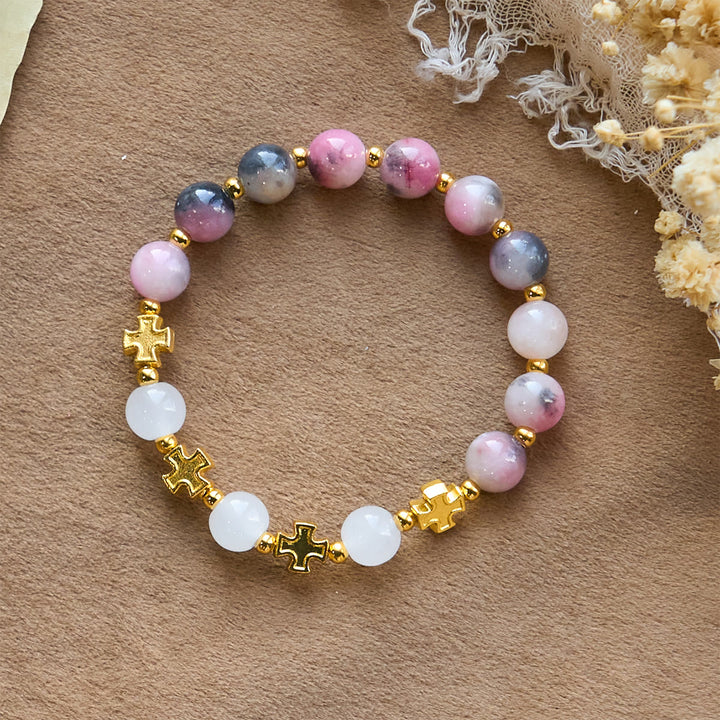 Christianartworkshop Grazioso braccialetto di perle di giada persiana rosa e nera da 8 mm con croce antica - Bracciale rosa - image 0