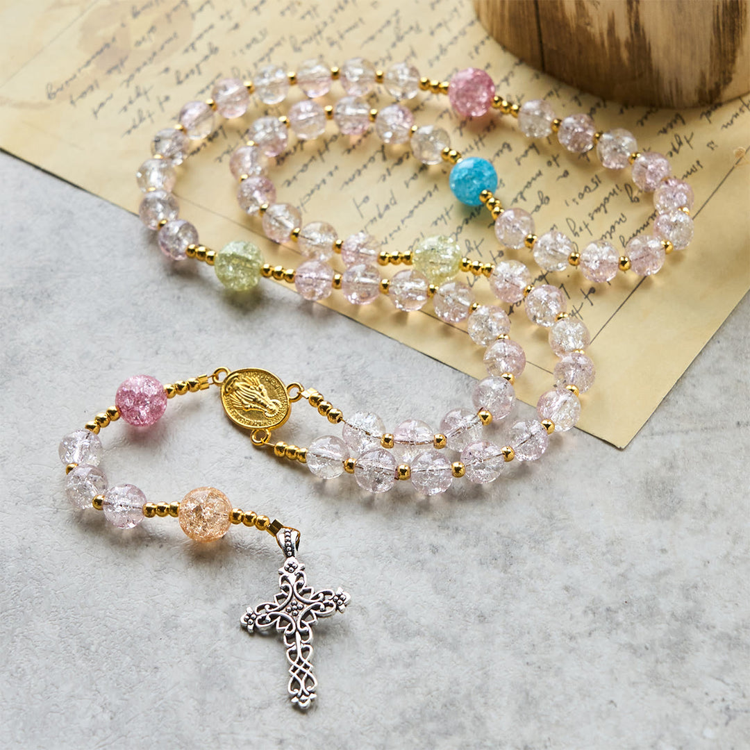Rosario con perline di vetro craquelé da 8 mm, luce arcobaleno Christianartworkshop , con Madonna e croce - image 4