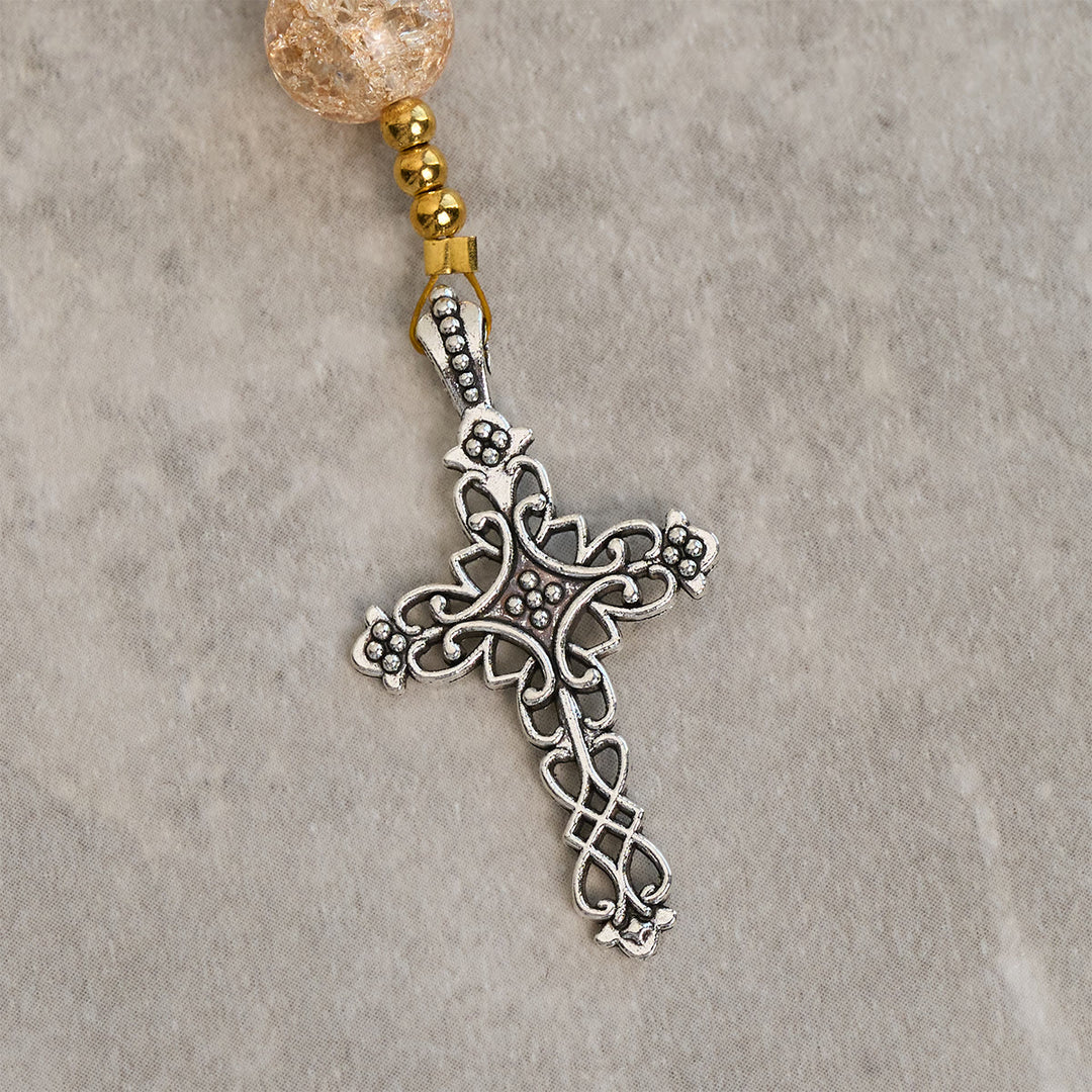 Rosario con perline di vetro craquelé da 8 mm, luce arcobaleno Christianartworkshop , con Madonna e croce - image 7