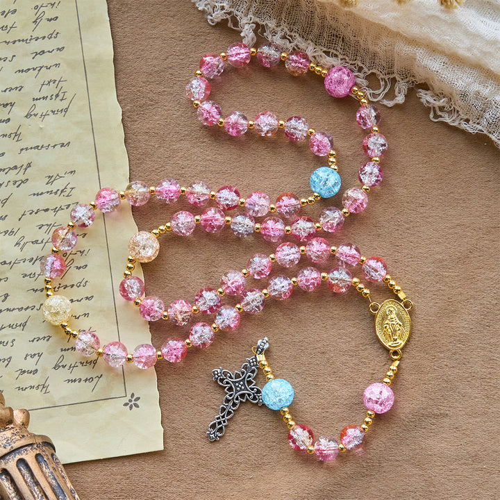 Christianartworkshop Rosario della Madonna della Misericordia con vetro screpolato rosa-blu scintillante - image 3