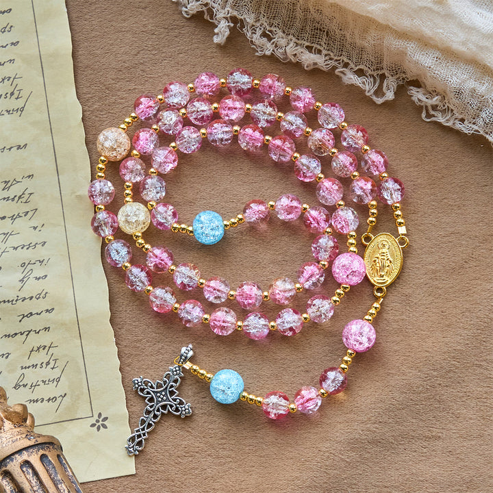 Christianartworkshop Rosario della Madonna della Misericordia con vetro screpolato rosa-blu scintillante - image 2