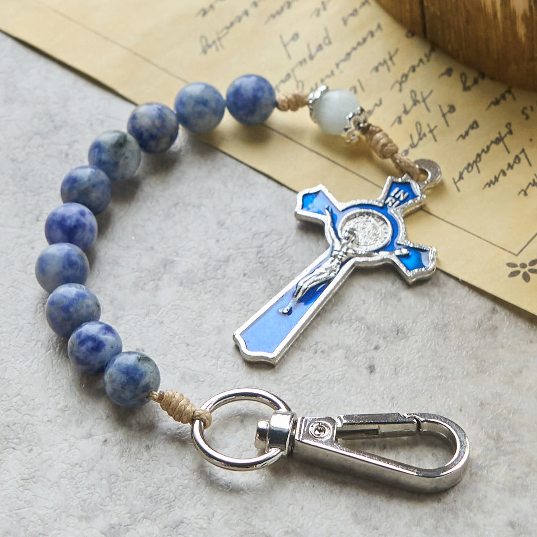 Christianartworkshop Portachiavi portatile con rosario di preghiera in giada blu con croce di luce smaltata - Portachiavi Rosario - image 0