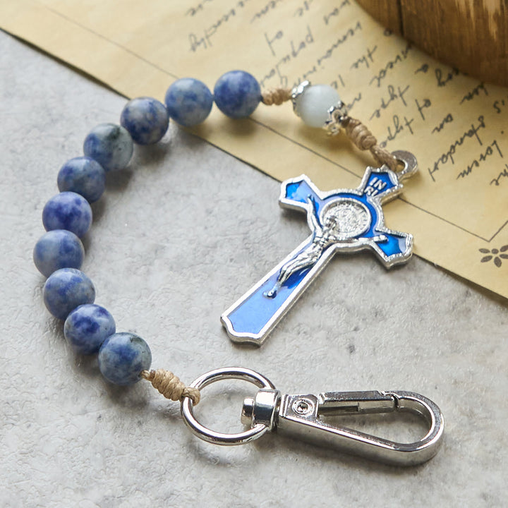 Christianartworkshop Portachiavi portatile con rosario di preghiera in giada blu con croce di luce smaltata - Portachiavi Rosario - image 0