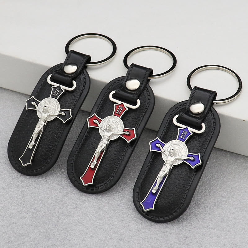 Christianartworkshop Elegante portachiavi con crocifisso colorato in pelle: ricordo spirituale per anime fedeli - Blu - image 0