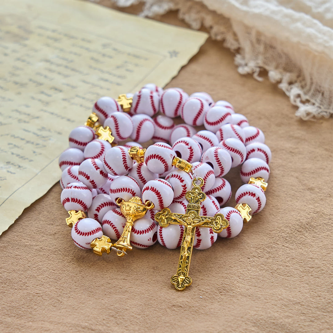 Christianartworkshop Rosario in miniatura con perline da baseball benedette, calice sacro dorato e crocifisso: unisci fede e sport - image 1