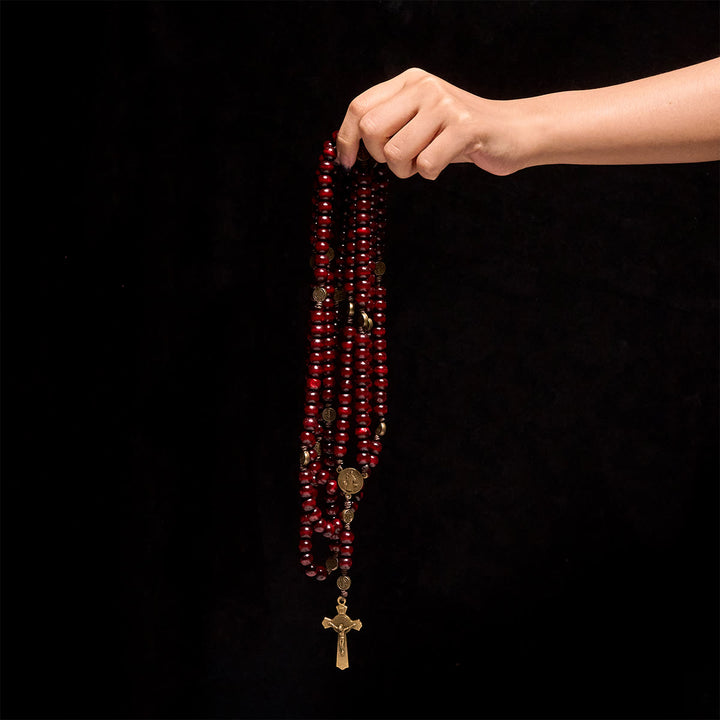 Rosario in legno d'ulivo da 15/20 decadi Christianartworkshop con San Benedetto, crocifisso e catena da vita: devozione divina a doppio uso - image 24