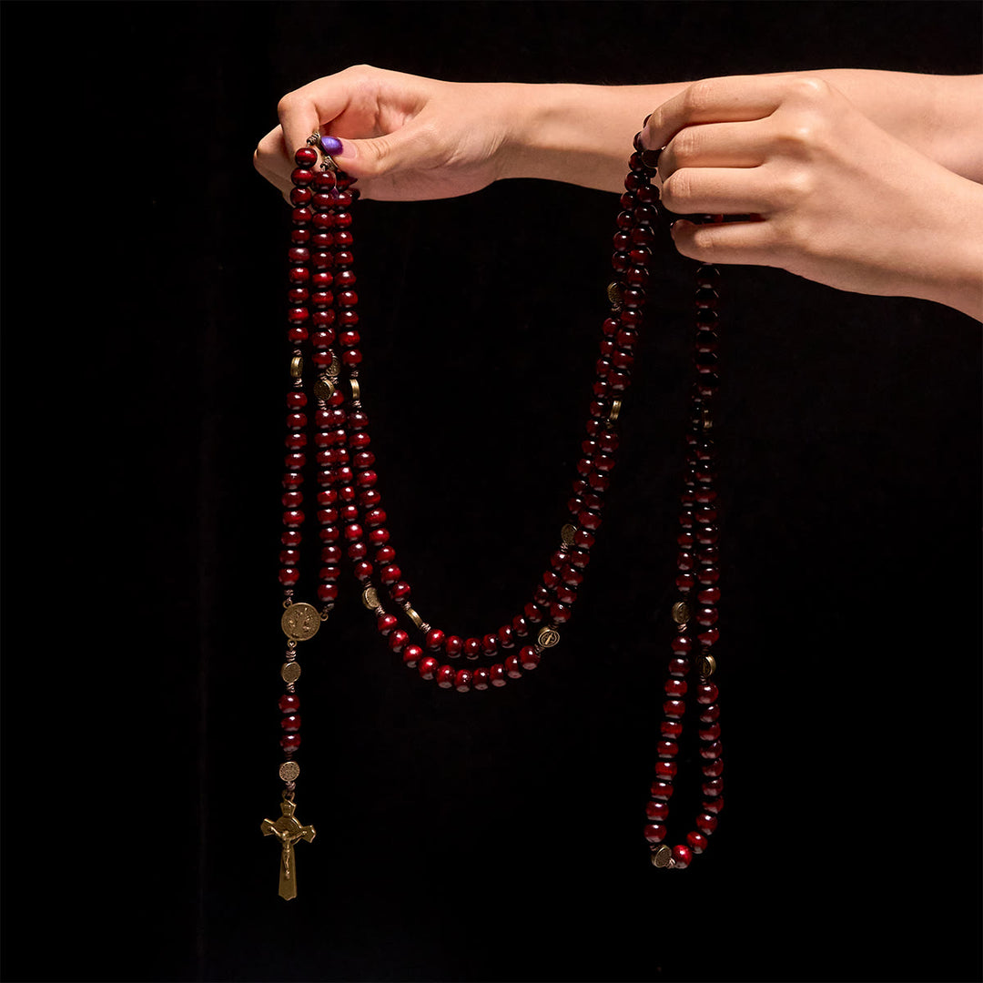 Rosario in legno d'ulivo da 15/20 decadi Christianartworkshop con San Benedetto, crocifisso e catena da vita: devozione divina a doppio uso - image 23