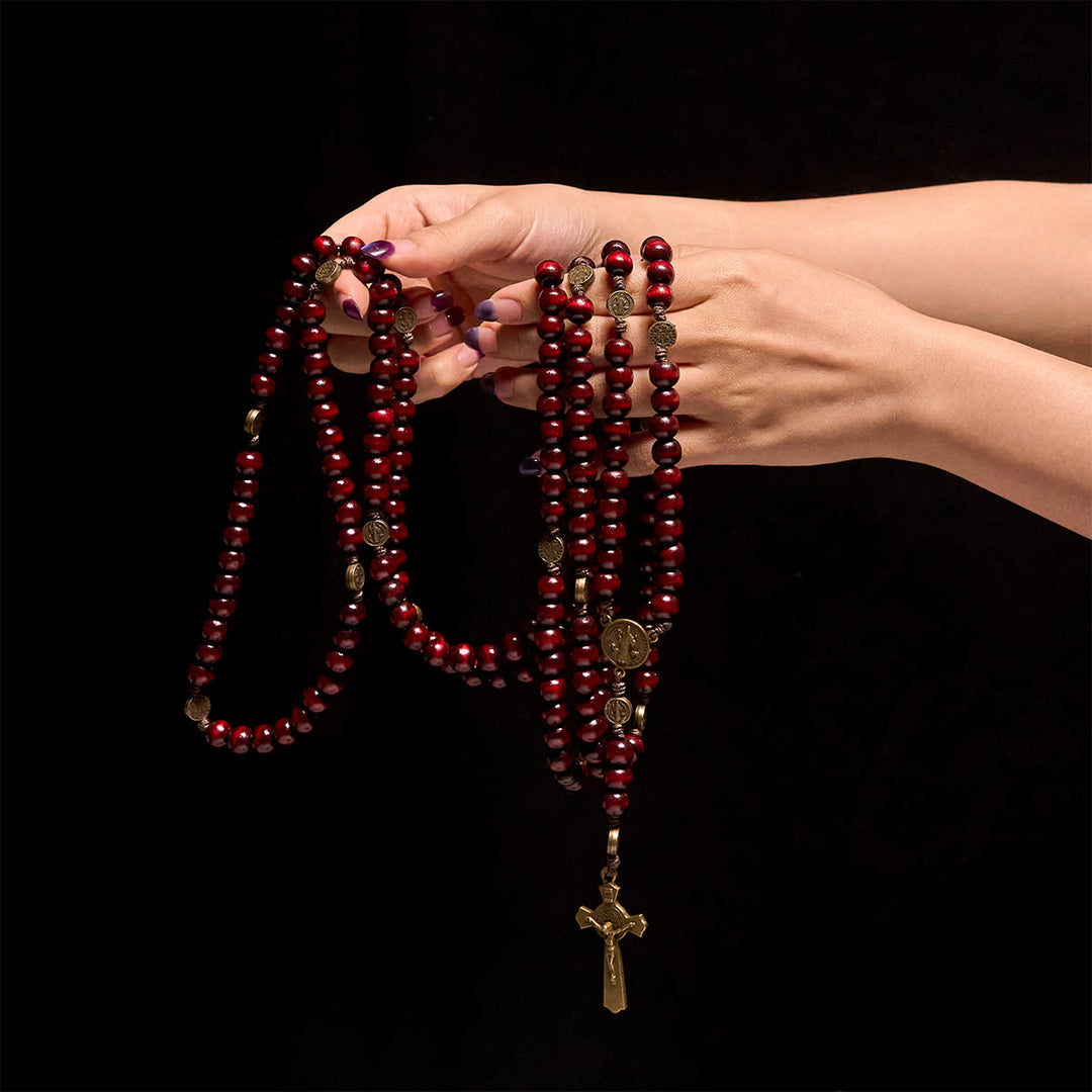 Rosario in legno d'ulivo da 15/20 decadi Christianartworkshop con San Benedetto, crocifisso e catena da vita: devozione divina a doppio uso - 20 Decennio - Vino - image 19