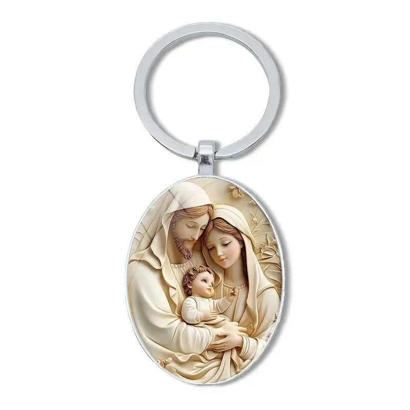Christianartworkshop Portachiavi ovale classico della Sacra Famiglia in toni tenui: emblema eterno della fede - Legami familiari pieni - image 3