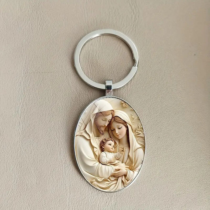 Christianartworkshop Portachiavi ovale classico della Sacra Famiglia in toni tenui: emblema eterno della fede - Legami familiari pieni - image 2