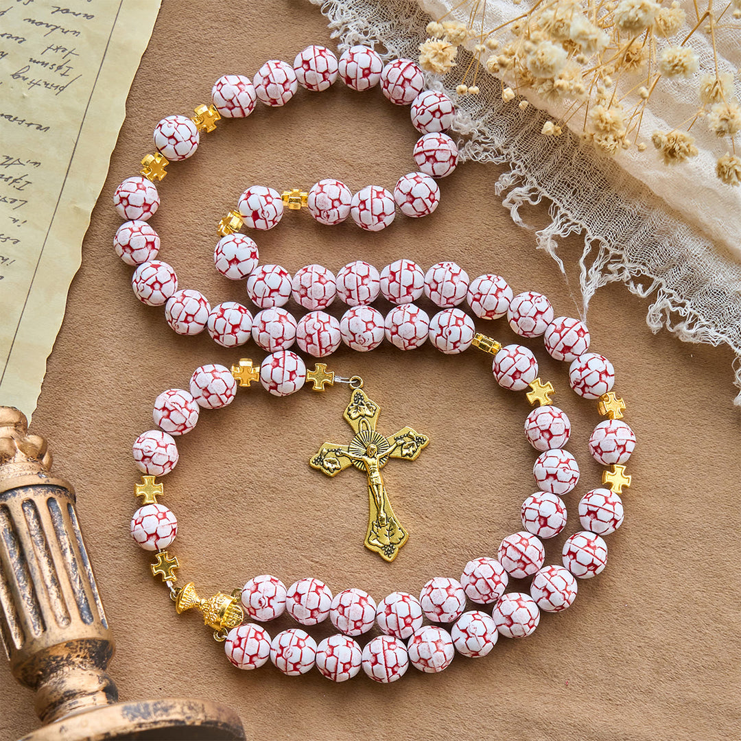 Christianartworkshop Rosario da calcio bicolore Fede e Vittoria con crocifisso e Santo Graal - Calcio rosso - image 0