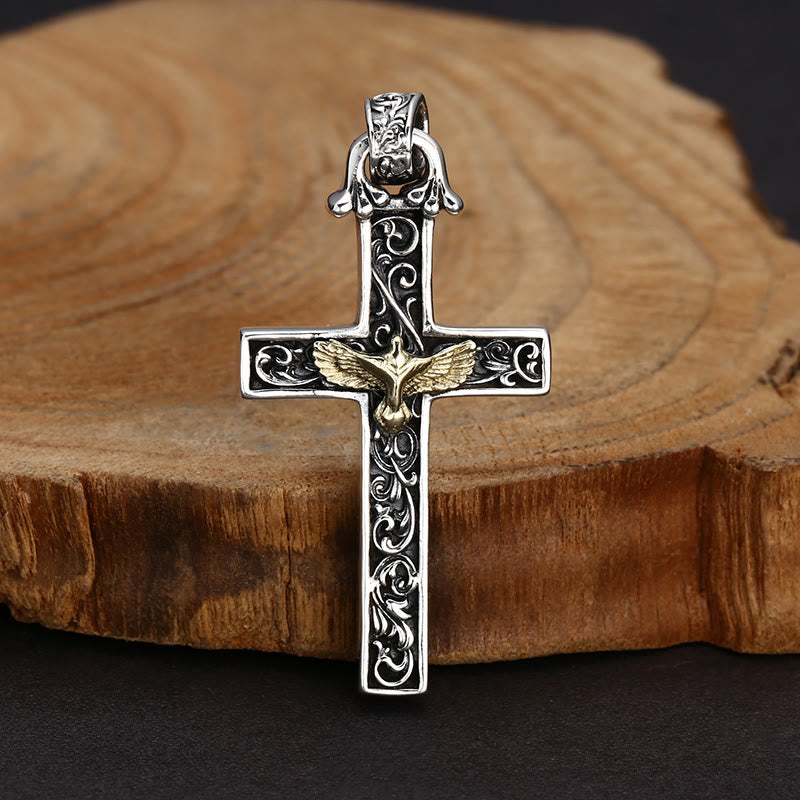Collana con croce in argento sterling e colomba dorata Christianartworkshop : una squisita combinazione di dettagli e devozione - Argento Sterling 925 - image 0