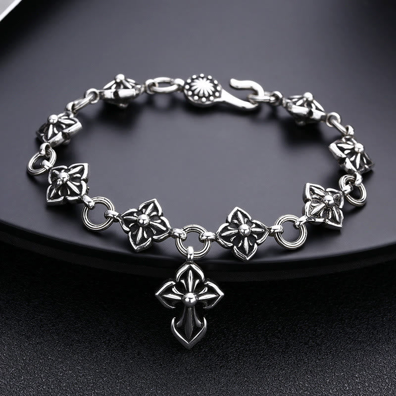 Christianartworkshop Bracciale in argento sterling con croce in stile retrò e motivi floreali: un segno nostalgico di fede - Argento Sterling 925 - image 0
