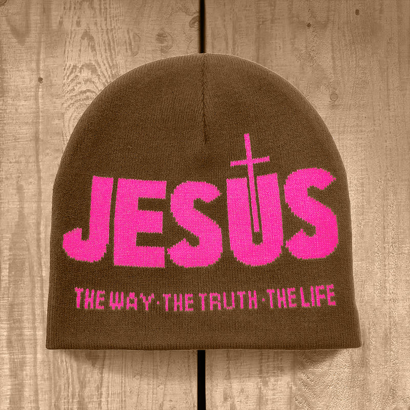 Christianartworkshop Cappello da ciclismo in maglia JESUS Jacquard autunno/inverno - Marrone e rosa - image 4