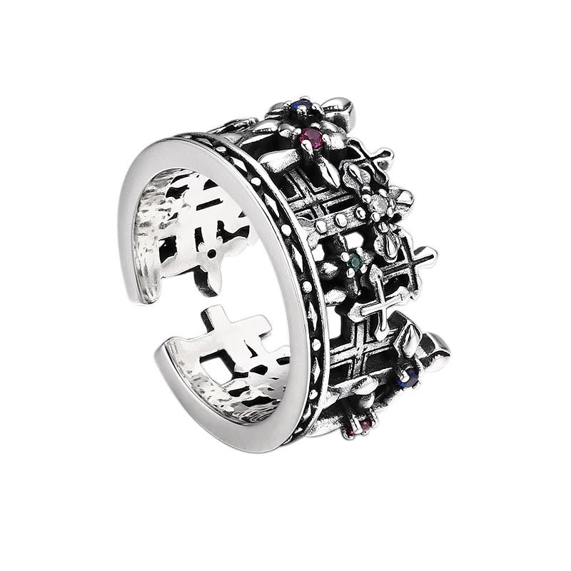 Christianartworkshop Anello con croce in argento con corona e zircone ispirato al gotico: un'audace espressione di riverenza spirituale - image 4