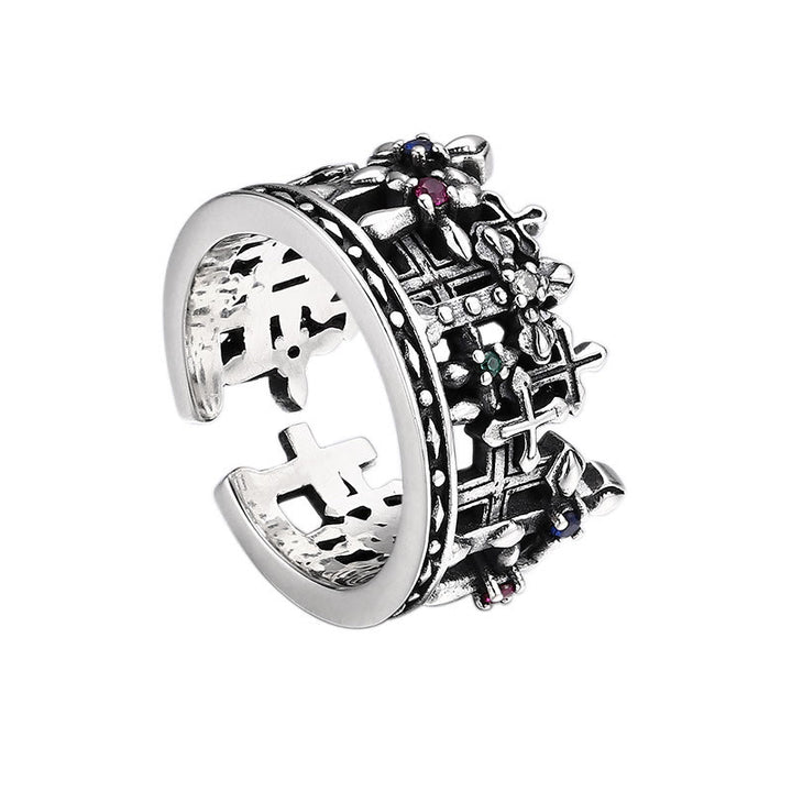 Christianartworkshop Anello con croce in argento con corona e zircone ispirato al gotico: un'audace espressione di riverenza spirituale - image 4