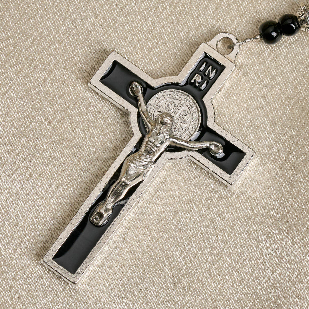 Rosario fatto a mano con perline nere opache Christianartworkshop , crocifisso in argento e medaglia miracolosa - image 7