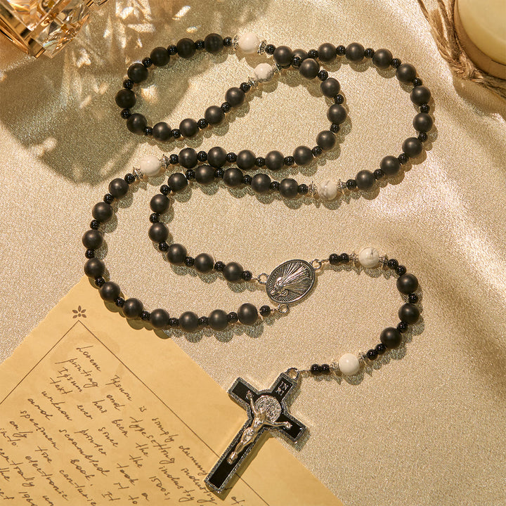 Rosario fatto a mano con perline nere opache Christianartworkshop , crocifisso in argento e medaglia miracolosa - image 6