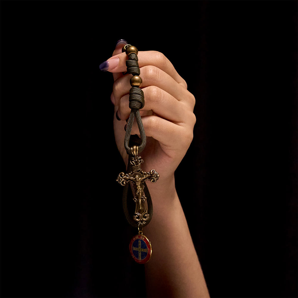 Christianartworkshop Rosario tascabile con perline in bronzo, cordino in nylon, protezione di San Benedetto, tutto in uno - image 1