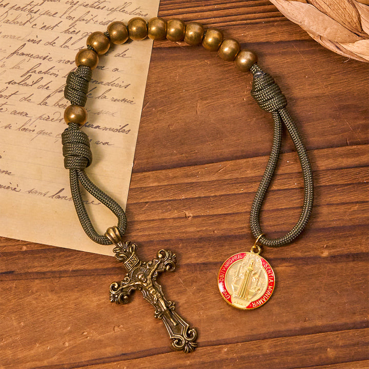 Christianartworkshop Rosario tascabile con perline in bronzo, cordino in nylon, protezione di San Benedetto, tutto in uno - San Benedetto e Crocifisso - image 0