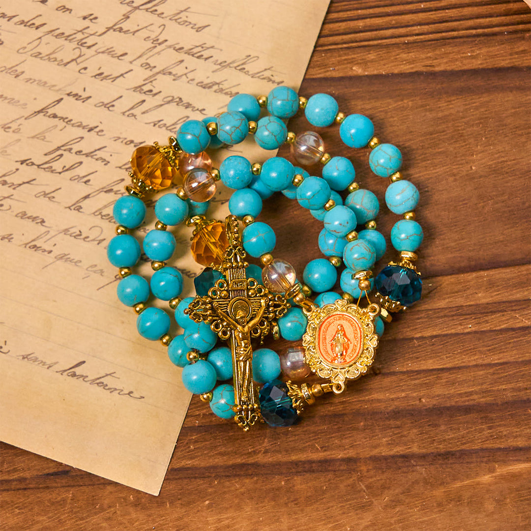Christianartworkshop Rosario classico in perline turchesi e lega dorata con crocifisso e medaglia miracolosa - Rosario turchese - image 0