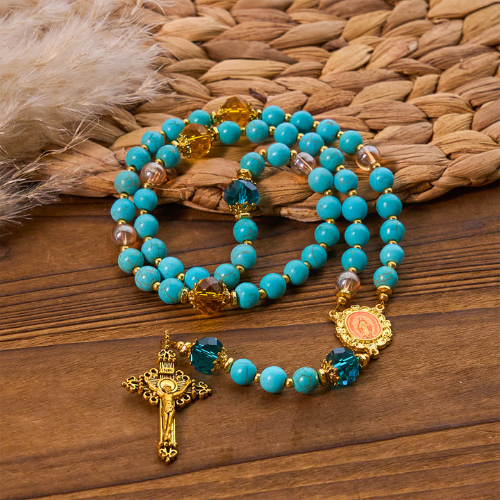 Christianartworkshop Rosario classico in perline turchesi e lega dorata con crocifisso e medaglia miracolosa - image 3