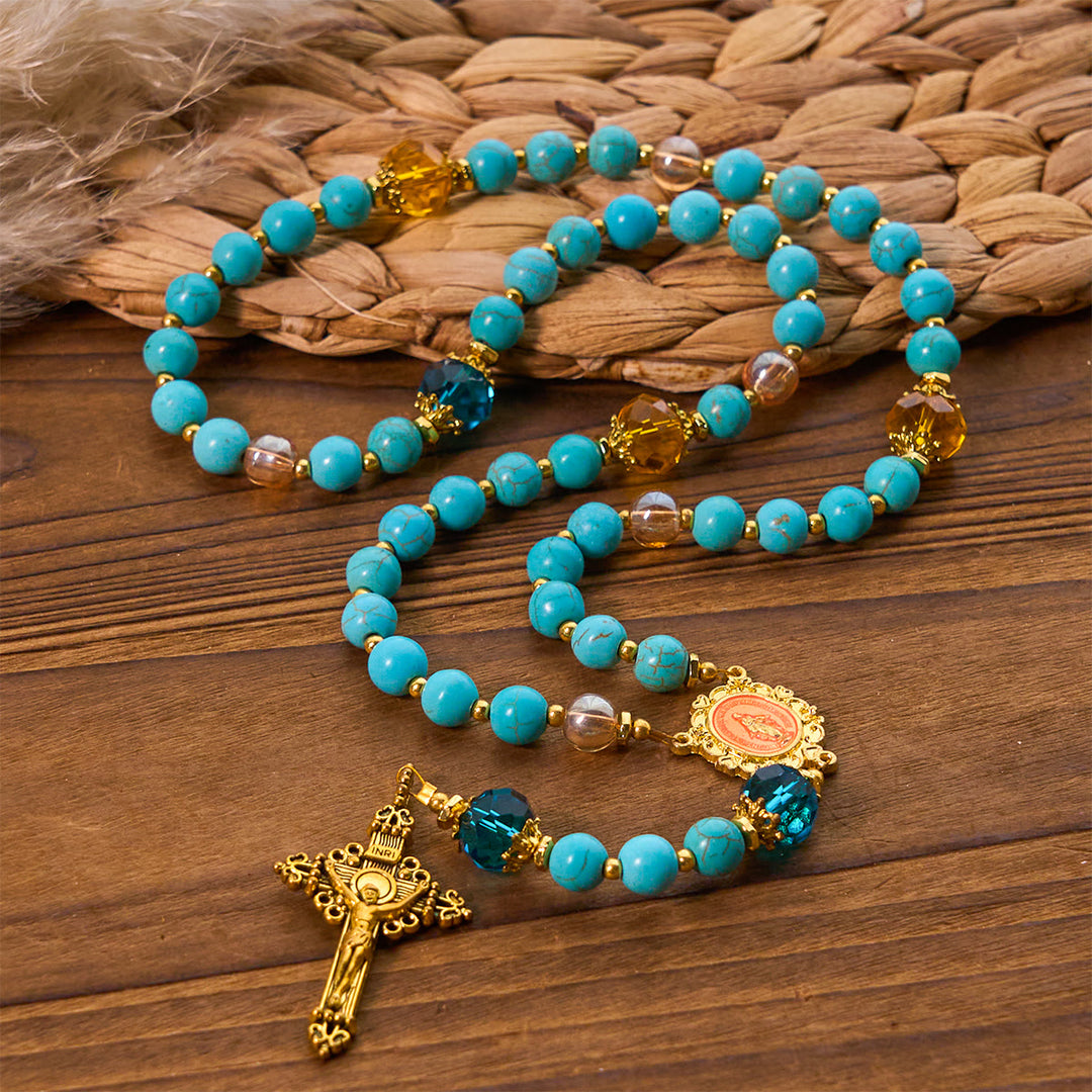 Christianartworkshop Rosario classico in perline turchesi e lega dorata con crocifisso e medaglia miracolosa - image 2