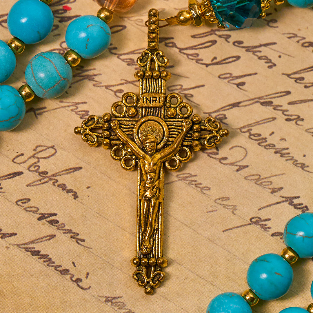 Christianartworkshop Rosario classico in perline turchesi e lega dorata con crocifisso e medaglia miracolosa - image 6