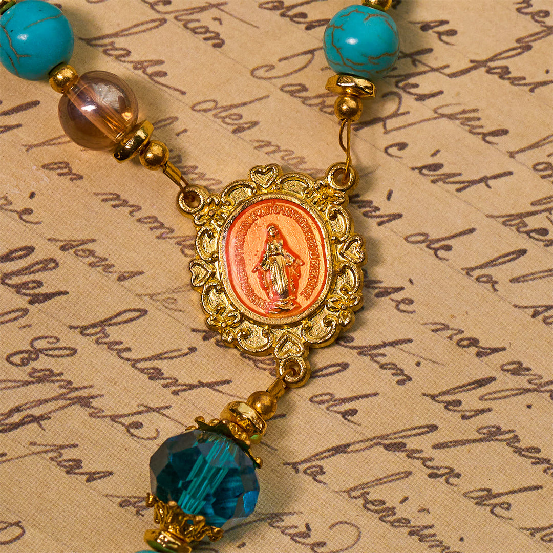 Christianartworkshop Rosario classico in perline turchesi e lega dorata con crocifisso e medaglia miracolosa - image 7