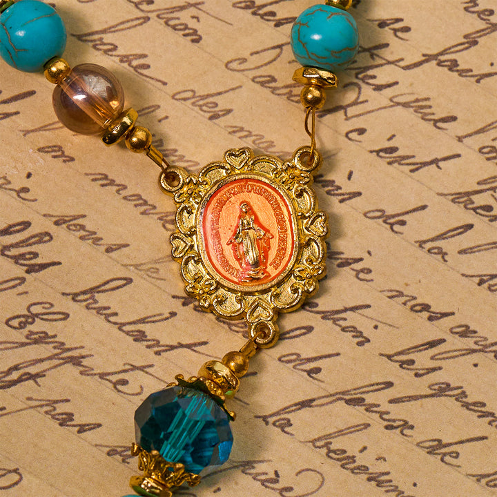 Christianartworkshop Rosario classico in perline turchesi e lega dorata con crocifisso e medaglia miracolosa - image 7
