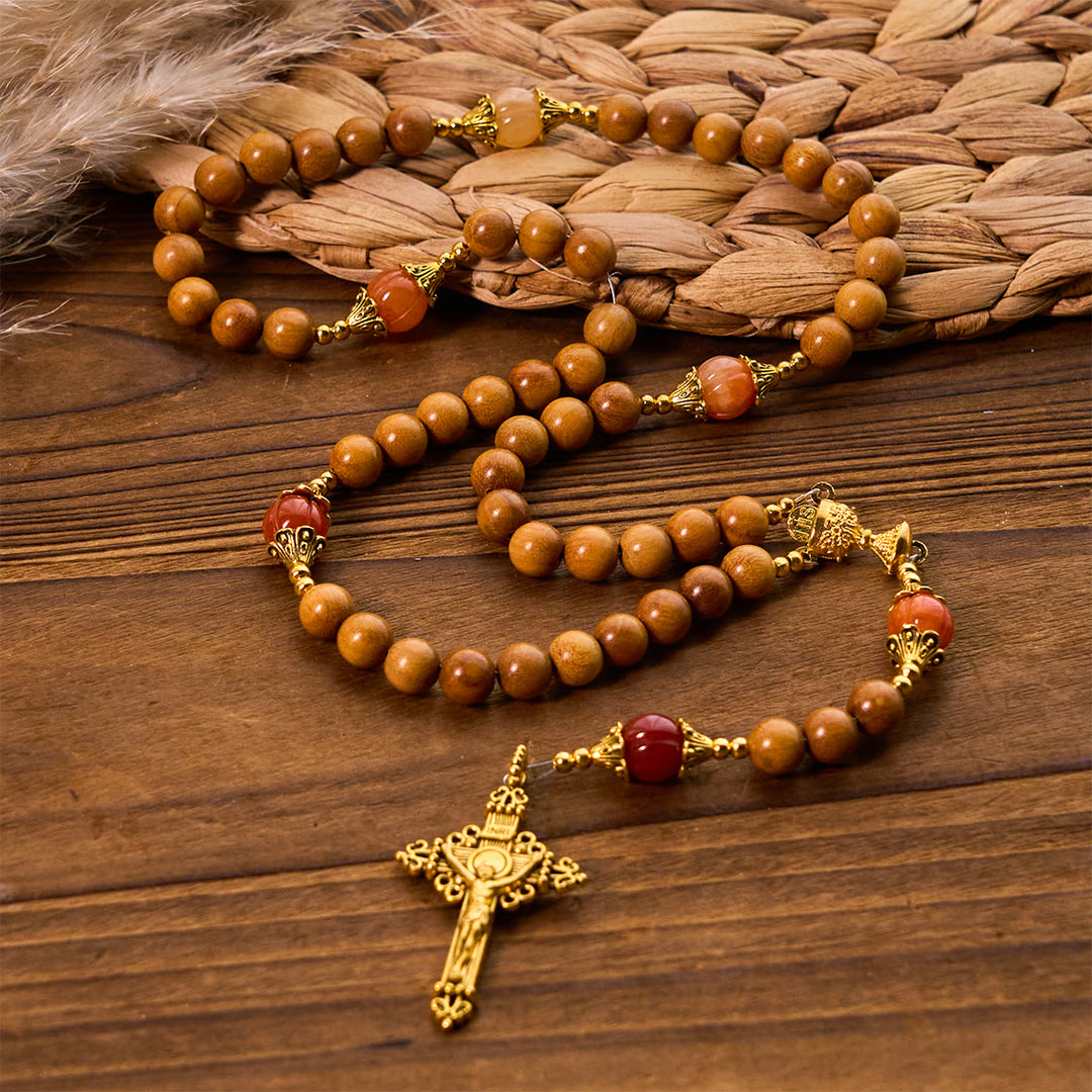 Rosario di sandalo per la devozione del Ringraziamento Christianartworkshop con gemme di zucca Golden Grace e Santo Graal - Legna - image 0