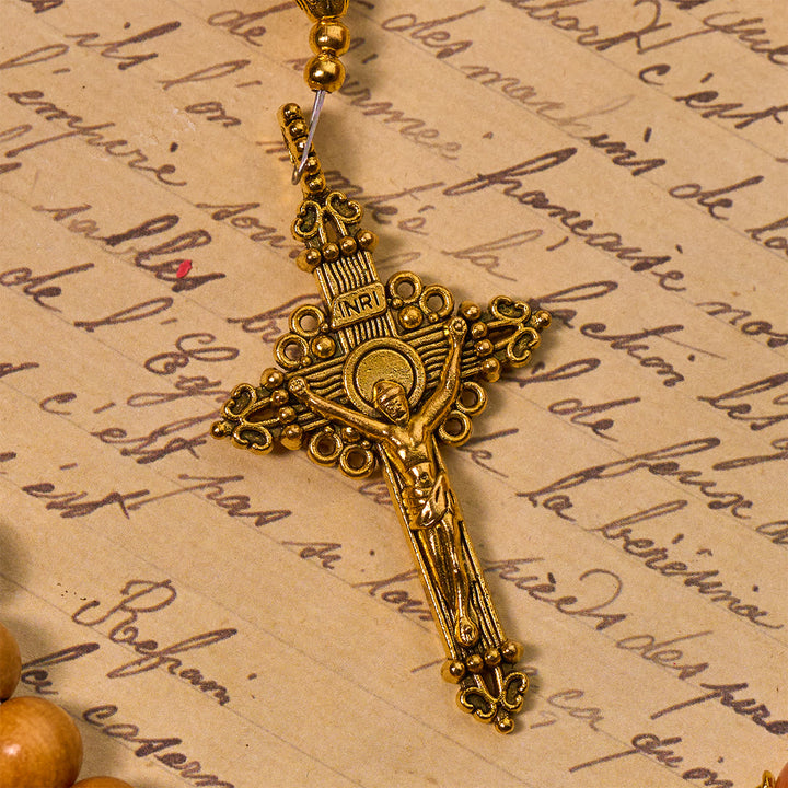 Rosario di sandalo per la devozione del Ringraziamento Christianartworkshop con gemme di zucca Golden Grace e Santo Graal - image 6