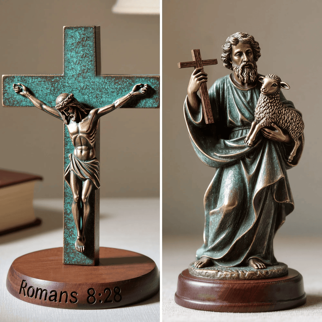 Christianartworkshop Crocifisso di Gesù in resina verderame su base in legno: Ornamento da tavolo Romani 8:28 - image 2