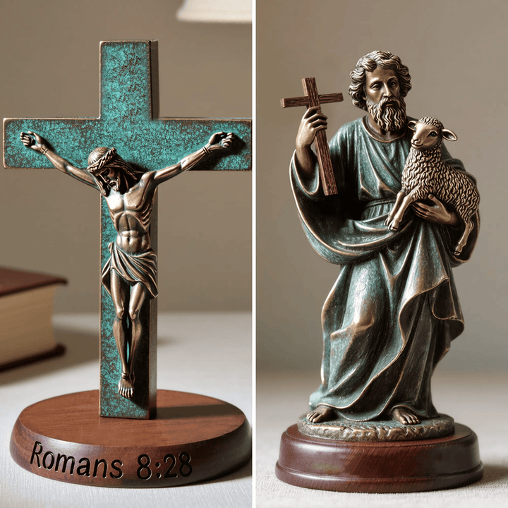 Christianartworkshop Crocifisso di Gesù in resina verderame su base in legno: Ornamento da tavolo Romani 8:28 - image 2