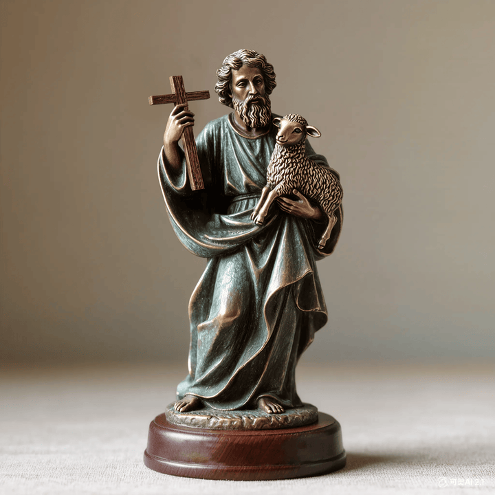 Christianartworkshop Crocifisso di Gesù in resina verderame su base in legno: Ornamento da tavolo Romani 8:28 - Gesù con le pecore - image 1