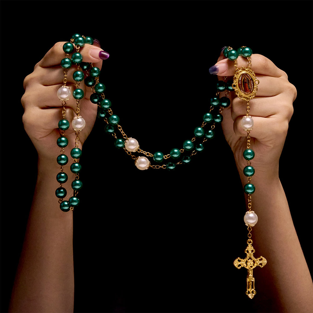 Rosario con perline color turchese Christianartworkshop , crocifisso dorato e medaglia miracolosa - image 1