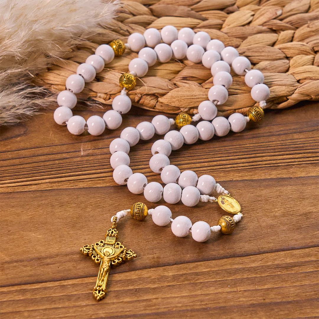 Christianartworkshop Elegante rosario con perline bianche, crocifisso dorato e medaglia della Madonna - Crocifisso e medaglia miracolosa - image 0